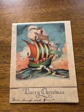 Vintage Christmas Greeting Card Sailing Ship Nautical Unused c1933 Dated Inside